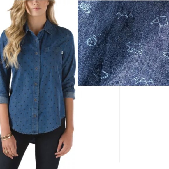 Vans Tops - Like NEW Vans Super-Cute Camping Print Denim Shirt